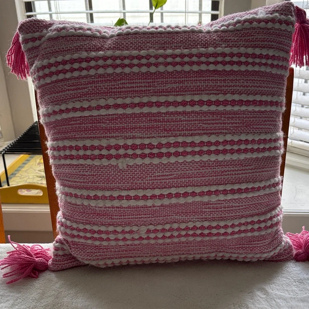 Magaschoni Home Decorative Toss Throw Pillow Pink & White Pink Tassels